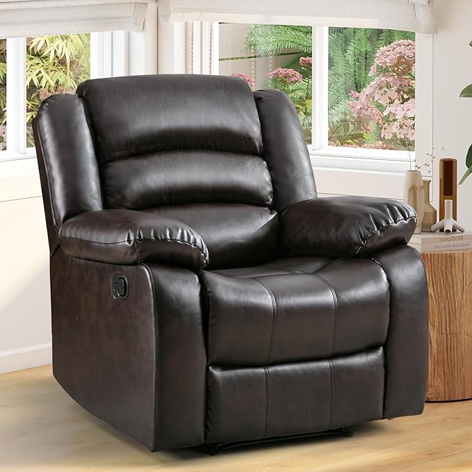 ANJ Manual Recliner Chair, Breathable Faux Leather Reclining Chairs with Overstuffed Arm and Back, Living Room Single Sofa Recliners (Dark Brown)