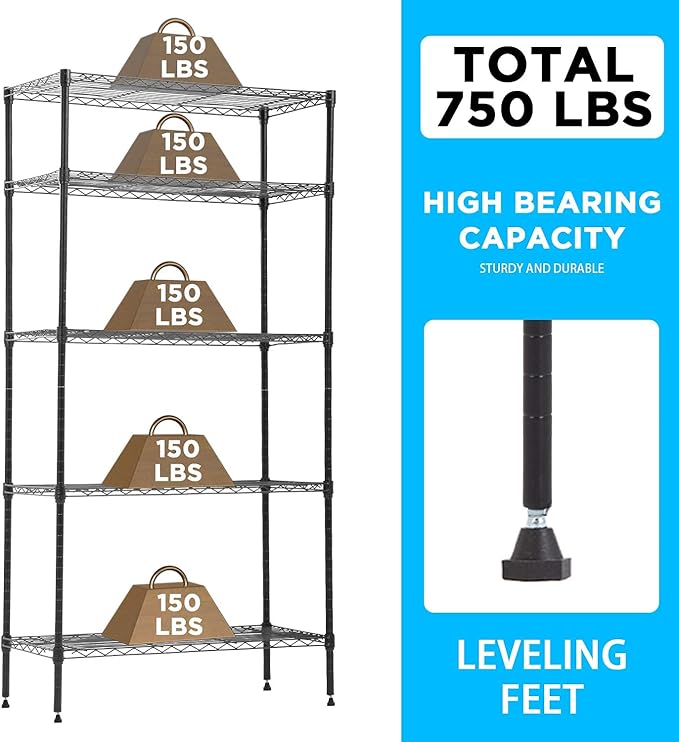 30" L×14" W×60" H Wire Shelving Unit Metal Shelf with 5 Tier Casters Adjustable Layer Rack Strong Steel for Restaurant Garage Pantry Kitchen Garage，Black