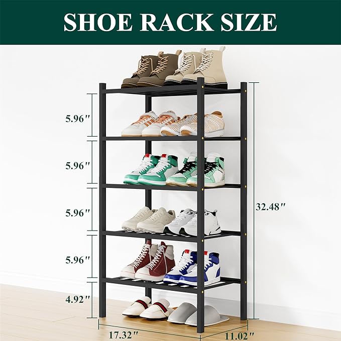 Smiry Shoe Rack, 5 Tier Small Bamboo Shoe Organizer, Stackable Free Standing Wooden Shoe Storage Shelf for Closet, Entryway, Front Door Entrance, Black