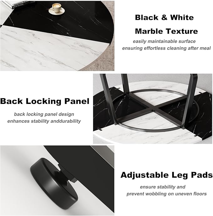 LVB Round Marble Dining Table for 4 Man, Modern 51-Inch Wood Dining Table,Farmhouse Large Kitchen Table with Metal Legs for Living Room, Home, Apartment,Black and White Marble