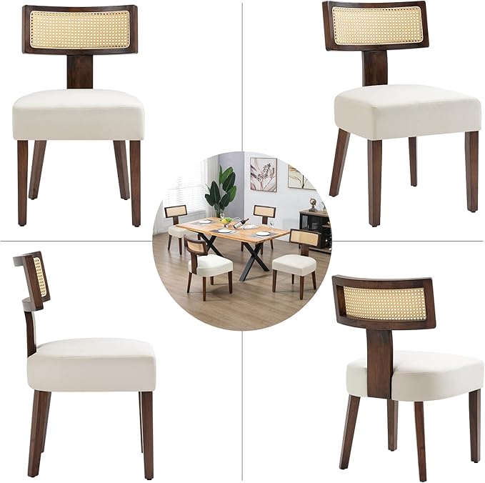 Rattan Dining Chairs Set of 6, Mid-Century Modern Fabric Dining Room Chairs with Brown Hardwood Frame, Upholstered Curved Backrest Kitchen Chair Armless Accent Chairs for Living Room (Cream)