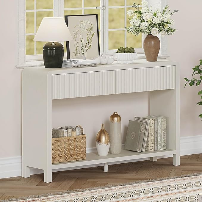 FATORRI Entryway Console Table with 2 Drawers, Modern Sofa Table for Living Room, Couch Tables Behind Sofa and Hallway Tables with Storage (47.2 inch, Antique White)