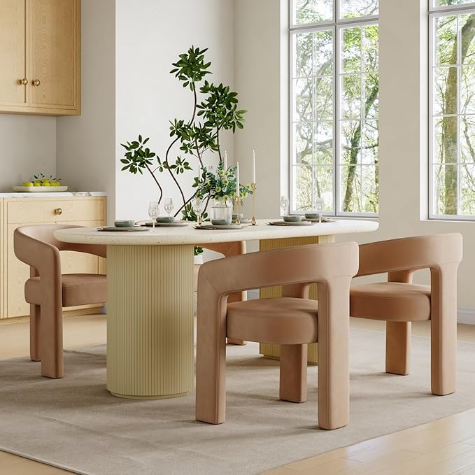 Set of 4 Modern Velvet Fabric Upholstered Dining Chairs with Open-Back, Cute Barrel Side Chairs Kitchen Armchair Accent Chairs for Dining Room Bedroom, Khaki