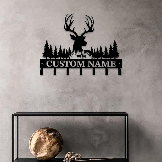 Personalized Custom Name Forest Deer Wall Keys Hooks,Metal Forest Deer Art Clothes Hooks,Metal Forest Deer Wall Home Storage Decorative,For Front Door, Hallway, Kitchen, Bedroom,Keys,Hats (Style A)