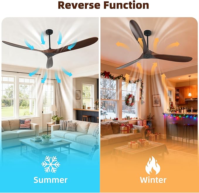 Ceiling Fan Without Light, 72 Inch Smart Wood Ceiling Fan no Lights, Compatible with Alexa/Google, 3 Natural Walnut Blades, Remote, Quiet Reversible DC Motor for Indoor Outdoor