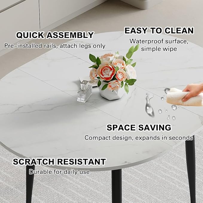 42"-54" Round to Oval Extendable Dining Room Table, White Faux Marble & Wood Grain Top with Black Metal Legs, Modern Round Dining Table for 4–6, Space-Saving Kitchen Table, Easy Assembly