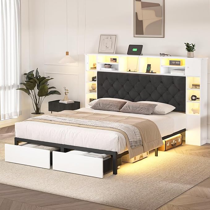 Full Size Bed Frame with Bookcase Headboard and Storage Drawers, 51.2" Metal Platform Full Bed Frame with Charging Station and LED Lights, Velvet Upholstered Tufted Bed Frames, White