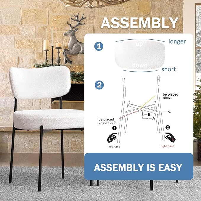 White Boucle Dining Chairs Set of 6, Upholstered Dinner Chair with Metal Frame, Dining Room Chairs with Padded Seat, Round Modern Seating for Living Room