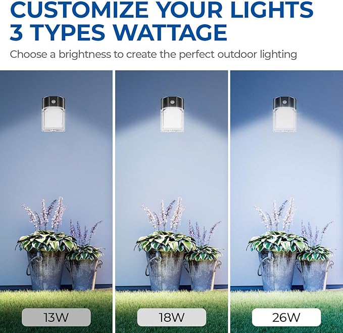 CINOTON 26W LED Wall Pack Light with Dusk to Dawn Sensor, 3CCT 3000K/4000K/5000K, 26W/18W/13W Switchable, [100-277Vac] IP65 Waterproof Outdoor Security Flood Lighting for Garage Warehouse 2 Pack