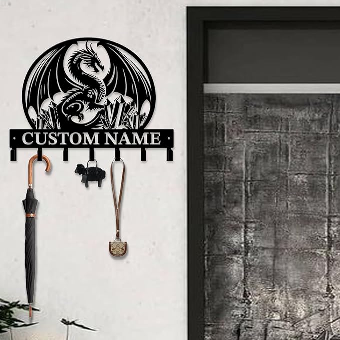 Customized Name Key Hook - Evil Dragon Design Keys Holder Decor Black Iron Metal Wall Organizer for Home & Office (Multiple Sizes) (Style A)