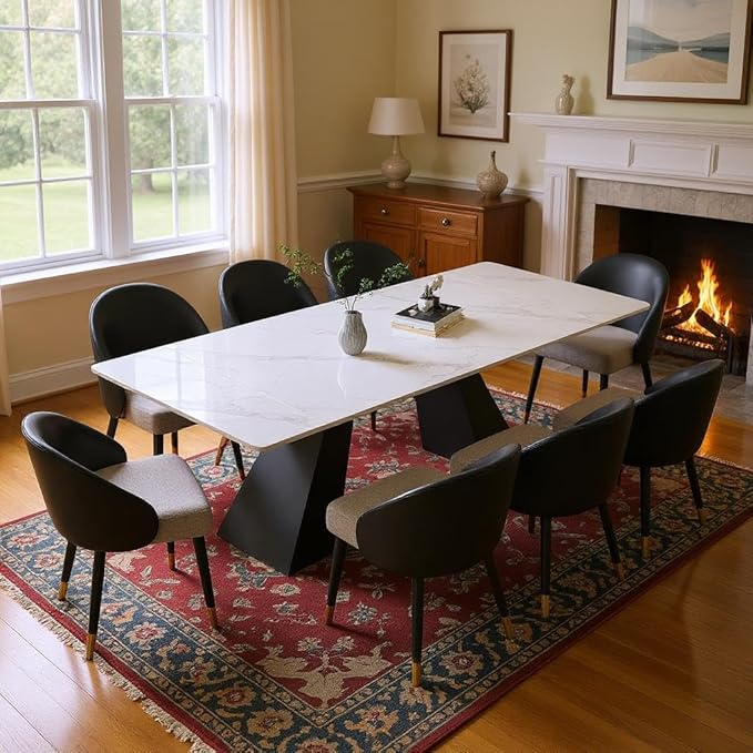 62.9" to 94" Modern Sintered Stone Luxury Rectangular Dining Table for 6-8 People, White Top with Black Base, Contemporary Style for Living Room