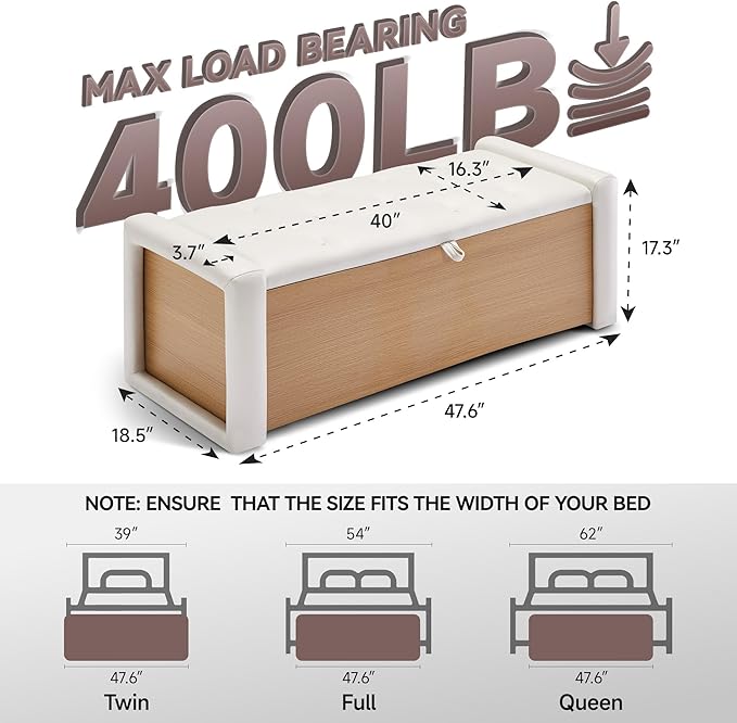 48" Large Storage Ottoman Bench, Faux Leather Upholstered Bed Bench with Button Tufted, End of Bed Ottoman with Safety Hinge for Bedroom, Living Room, Window，or Entryway, Beige Shoe Storage Chest