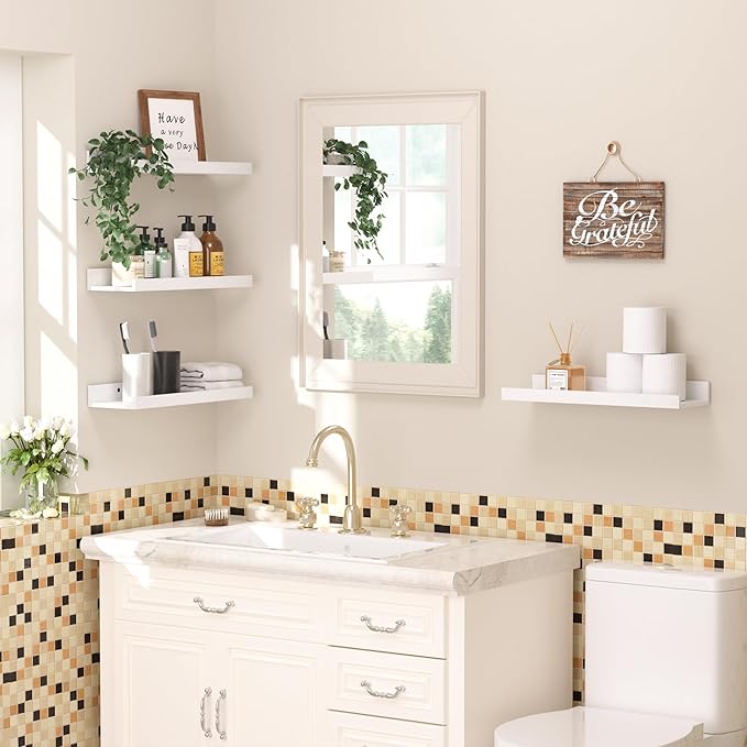 upsimples Floating Shelves for Wall, Wall Shelves for Decor Storage Set of 6, Wall Mounted Wood Shelf for Bedroom, Living Room, Bathroom, Kitchen, Picture Ledge Shelf, White