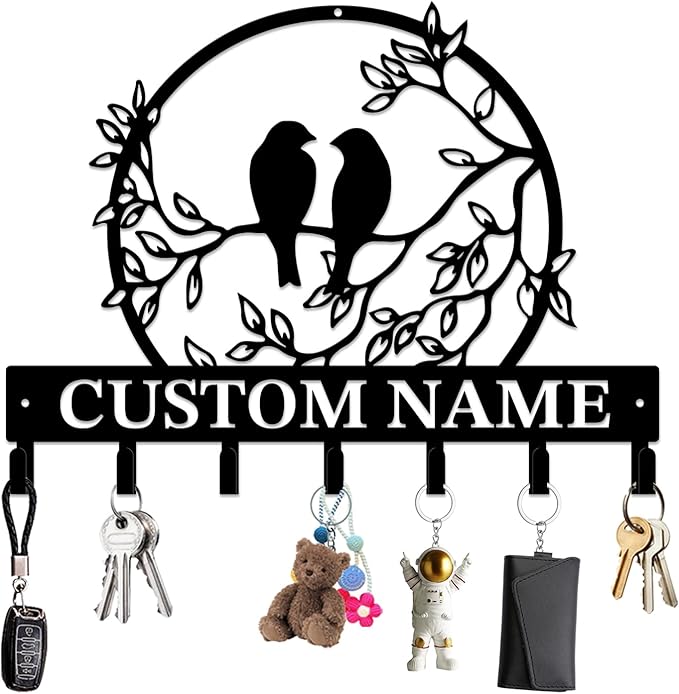 Personalized Custom Name Birds of Trees Wall Key Hooks,Metal Birds of Trees Art Clothes Hooks,Metal Birds of Trees Wall Home Storage Decorative,For Front Door, Hallway, Kitchen, Bedroom (Style F)