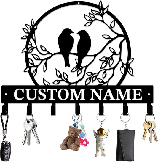 Personalized Custom Name Birds of Trees Wall Key Hooks,Metal Birds of Trees Art Clothes Hooks,Metal Birds of Trees Wall Home Storage Decorative,For Front Door, Hallway, Kitchen, Bedroom (Style F)