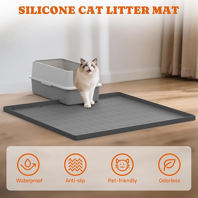 Pawtners Extra Large Silicone Cat Litter Mats, 34" x 22" Waterproof Litter Box Mat, Non-Slip Kitty Litter Mat for Scatter Control, Easy to Clean & Urine-Proof Cat Litter Trapping Mat, Gray