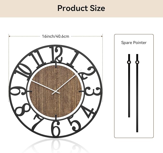 Large Wall Clocks, 16" Black Decorative Wall Clock for Living Room by Battery Operated, Oversized Farmhouse Silent Walls Clock with Metal Arabic Number for Office, Classroom, Bedroom