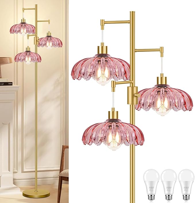 Vintage Floor Lamps for Living Room-3 Light Gold Dimmable Floor Lamp with Three Bulbs & Glass Lampshape, Mid Century Modern Standing Lamp Tree Tall Flower Floor Lamp for Bedroom Living Room,Corner