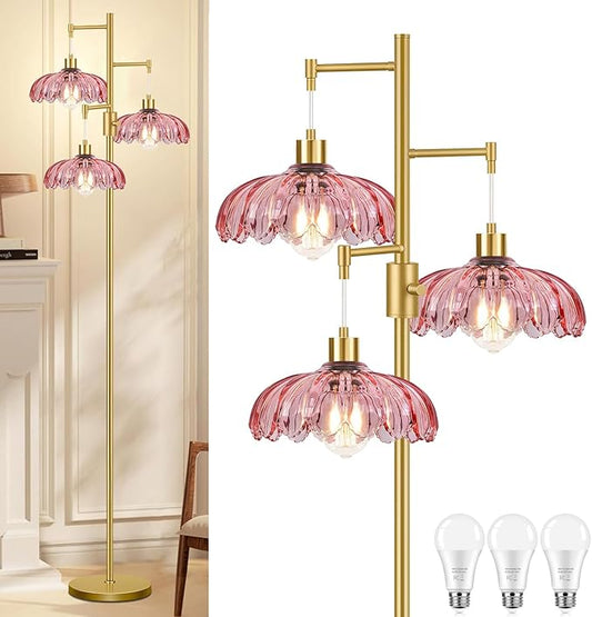 Vintage Floor Lamps for Living Room-3 Light Gold Dimmable Floor Lamp with Three Bulbs & Glass Lampshape, Mid Century Modern Standing Lamp Tree Tall Flower Floor Lamp for Bedroom Living Room,Corner