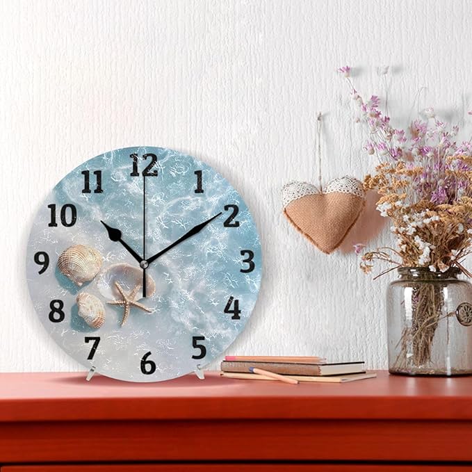 Wall Clock Blue Beach Shells Silent Non Ticking Wall Clock Decorative Battery Operated Wall Clocks for Home Kitchen Bedroom Living Room Office