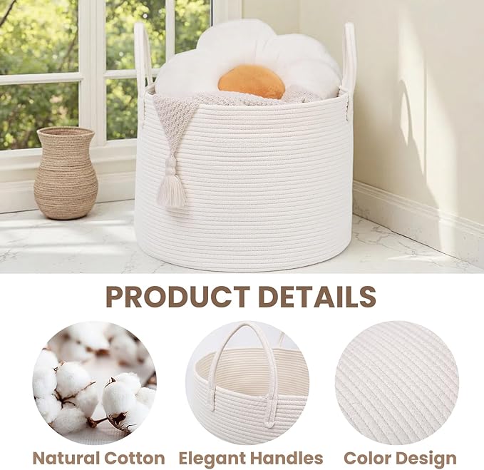 Woven Blanket Basket,65L Large Rope Storage Bin with Handles, Organizer for Blankets Toys Book and Clothes, Laundry Basket for Living Room Bedroom Nursery,White