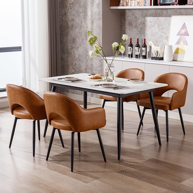 DUOMAY Swivel Dining Arm Chair Set of 4 PU Leather Upholstered Side Chair Modern Accent Guest Chair Home Office Desk Chair for Dining Room Living Room Office, Brown