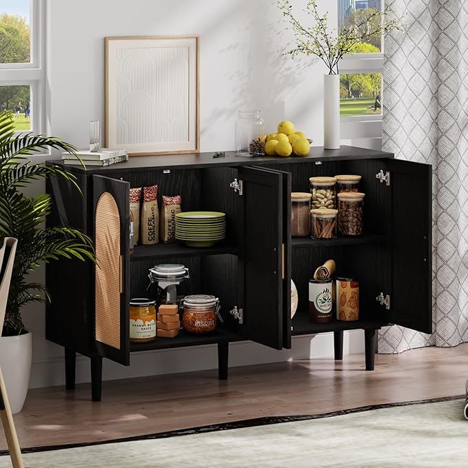 4-Door Rattan Sideboard Buffet Cabinet, 47" Large Storage Cabinet with Shleves, Wood Modern Accent Credenza Kitchen Table for Dining Room, Living Room & Entryway, Black & Natural