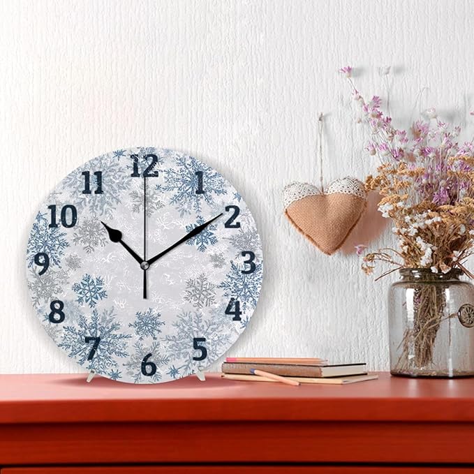 Christmas Wall Clock Blue and White Snowflake Silent Non Ticking Wall Clock Decorative Battery Operated Wall Clocks 10 Inch for Home Kitchen Bedroom Living Room Office