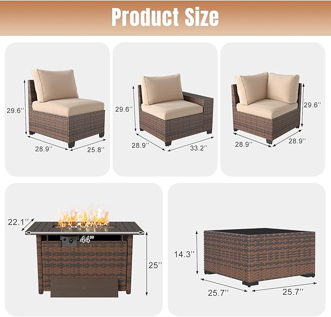 Aoxun 7 Pieces Patio Furniture Set with 44” Fire Pit Table Wicker Rattan Outdoor Sectional Conversation Set with Coffee Table and 4” Thickened Cushions, Beige (Waterproof Cover Included)