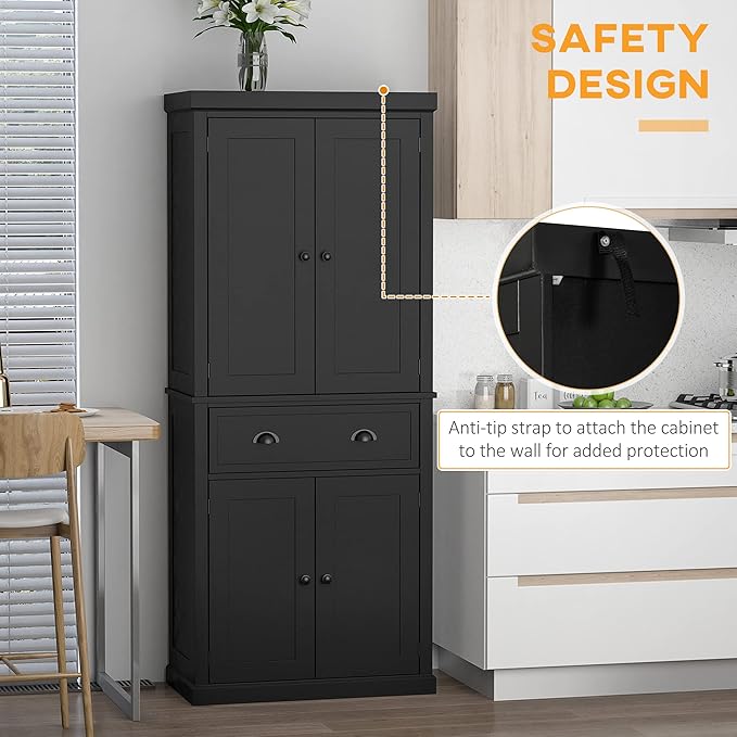 HOMCOM 72.5" Kitchen Pantry Cabinet, Traditional Freestanding Storage Cabinet with 4 Doors, Drawer and 3 Adjustable Shelves for Dining Room, Black