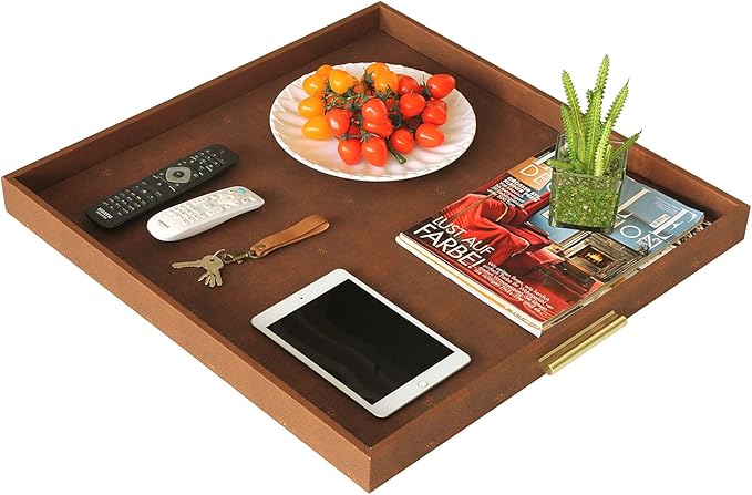 HofferRuffer Extra Large Square Serving Tray, Elegant Faux Leather Ottoman Tray with Gold Hardware Handles, Serve Tea, Coffee or Breakfast in Bed, 24 x 24 inches (Brown Shagreen)