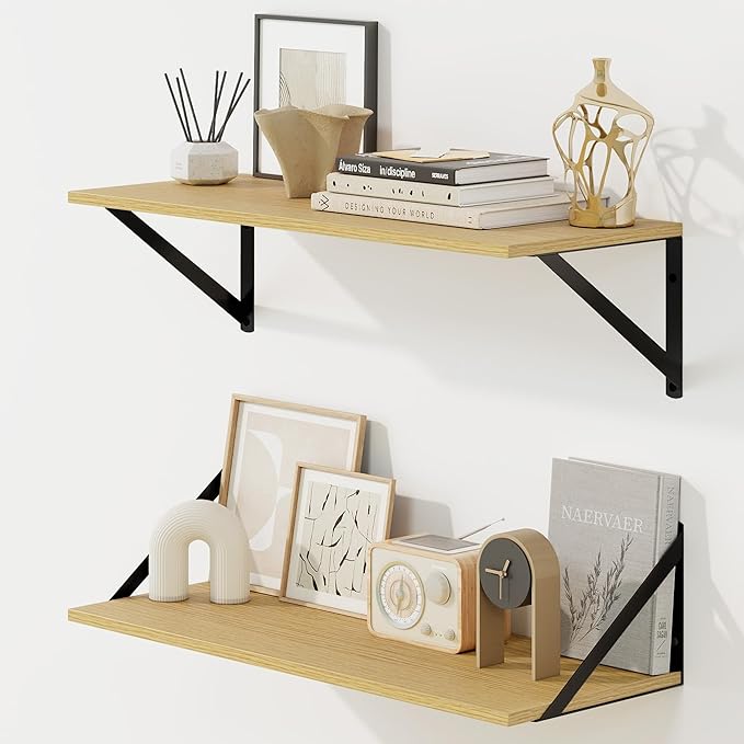 Fun Memories Deep Floating Shelves for Wall, 24W x 8D Wall Mounted Shelves Set of 2, Wide Display Ledge Shelf with Sturdy Metal Brackets for Living Room, Bathroom, Bedroom and Kitchen, Oak