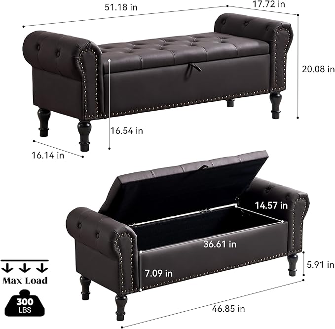 Storage Bench for Bedroom, 51" Upholstered End of Bed Bench, Faux Leather Queen Size Benches with Rolled Arms, Tufted Button Storage Long Ottoman, Living Room, Entryway, Coffee