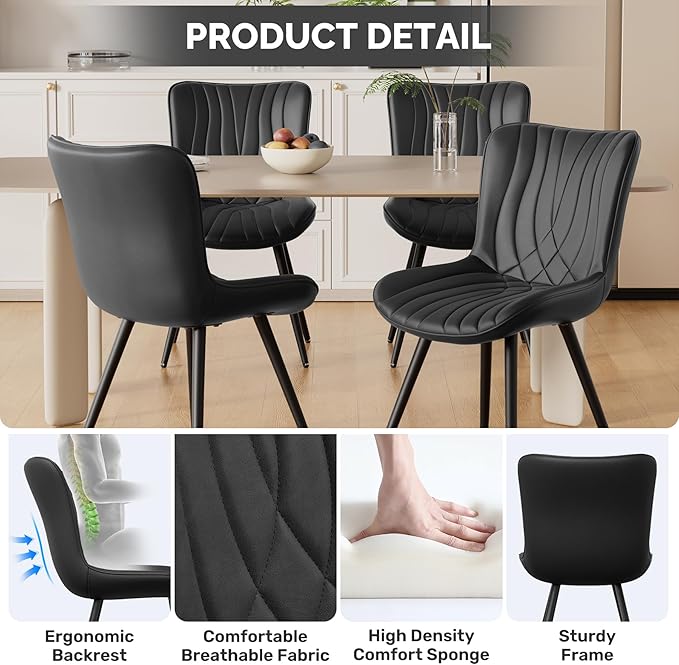 Dining Chair Set of 4 PU Leather Dining Room Chairs Upholstered Comfy Dining Chairs Modern Kitchen Armless Side Chair with Sturdy Metal Legs,Black