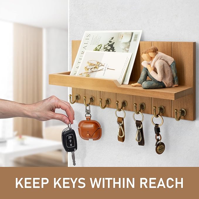 Rebee Vision Decorative Key Holder for Wall Shelf - Farmhouse Wood Wall Hanging Mail Organizer with 7 Sturdy Key Hooks for Home Entryway Decor - Stylish Key Racks (Light Brown)