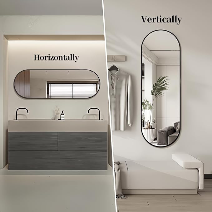 Oval Full Length Mirror, 65"×22" Wall-Mounted Mirror with Metal Frame, Ultra-Clear Explosion-Proof, Simple and Classic Deco for Cloakroom/Bedroom/Living Room, Black