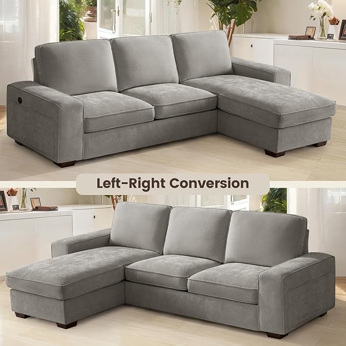 PARKOL 99" L-Shaped Sectional Couch with Storage, Sofa with Reversible Chaise, USB Type-C Charging, Chenille Fabric, Removable Cushion Covers, for Small Space, Apartment, Living Room, Light Gray