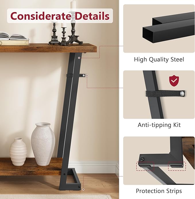 Tajsoon 2 Tier Narrow Console Table Rustic, 31.5'' Industrail Entryway Table with Storage, Thin Sofa Table with Gemometric Frame for Hallway, Living Room, Foyer, Entrance, Rustic Brown