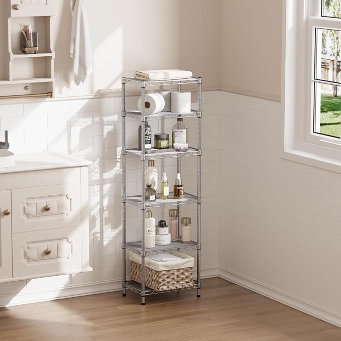 SINGAYE 6 Tier Shelf Wire Shelving Adjustable Storage Shelves Rack Standing Units for Kitchen Closet Laundry Bathroom Organizers Metal Pantry Narrow Mesh Gaps 10" D x 16" W x 60" H Gray