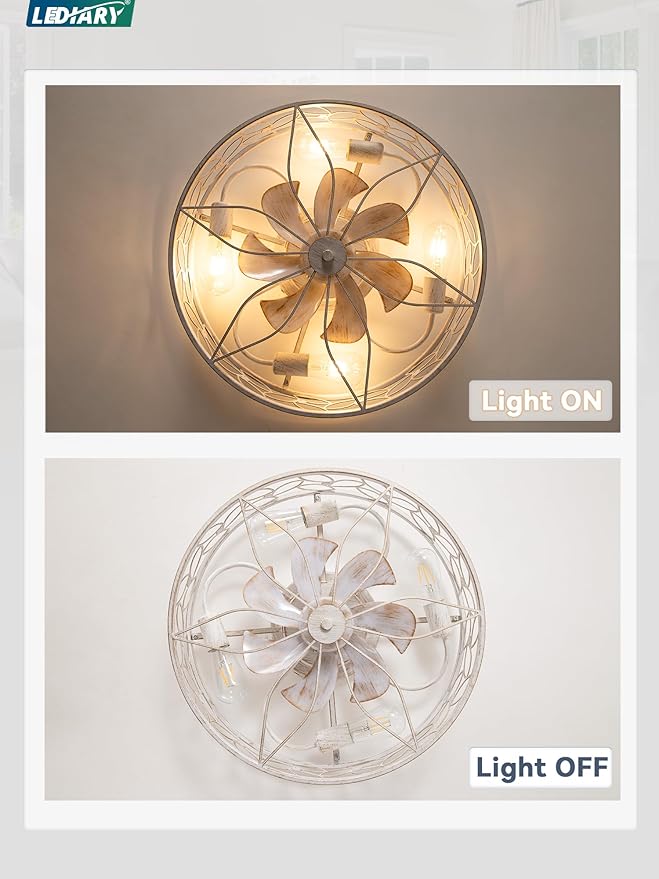 LEDIARY 20 Inch Caged Ceiling Fans with Lights, White Flush Mount Ceiling Fan with Remote, Low Profile Bladeless Ceiling Fan Light Fixture for Bedroom, Kitchen, Dining Room-White Gold Color