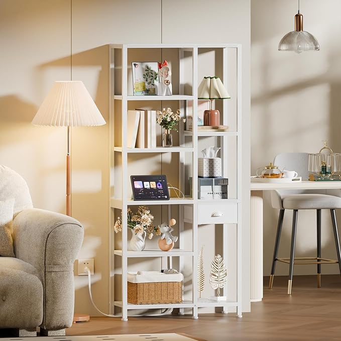 Furologee Bookshelf with USB Ports and Outlets, Shelf with Drawer, Mordern Display Shelves with Charging Station, 6 Tier Storage Shelves for Bedroom, Living Room, Home Office, White