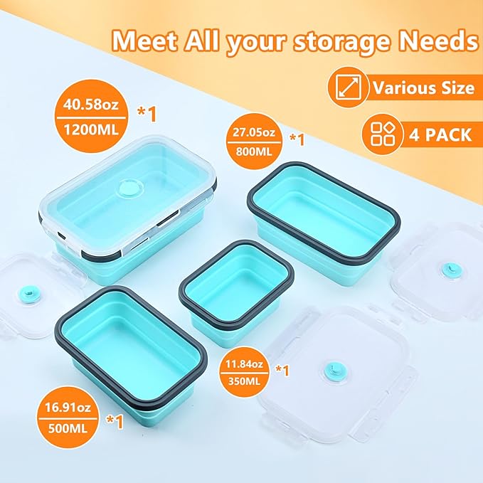 Collapsible Food Storage Containers with Lid & Air Vent, 4 Pack Rectangular Foldable Collapsible Storage Containers Sets, Lunch Bowls for Camping, Travel, Microwave Freezer Dishwasher Safe