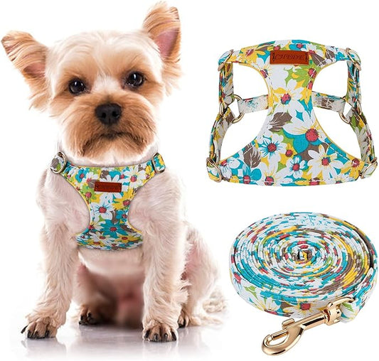 CHEDE Floral Yellow Daisy Dog Harness (XS, Small Dogs), Soft Breathable Cotton, Adjustable, No-Pull, with 360° Rotating Clasp Leash, Ideal for Walking, Jogging, Training