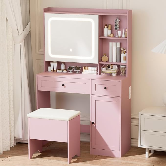 Vanity Table with Hidden Storage & LED Mirror - Includes Padded Stool, 5 Compartments, 2 Drawers & 1 Storage Cabinet - Ideal Bedroom Makeup Dressing Table Pink