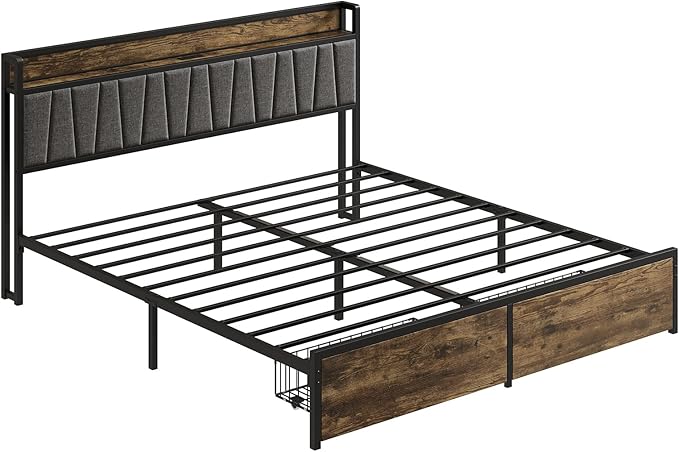 King Size Bed Frame with Storage Drawers and Charging Station, Upholstered Headboard Metal Platform Bed with USB Ports, No Box Spring Needed, Easy Assembly, Dark Brown