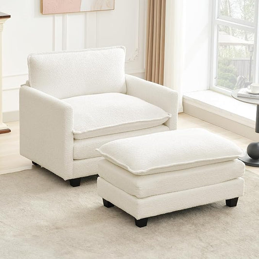 ROWHY Convertible Sectional Couch with Ottoman, Single Armchair with armrests, Modern Living Room Furniture Set, Small Couches for Small Spaces, for Living Room, Chenille, Beige