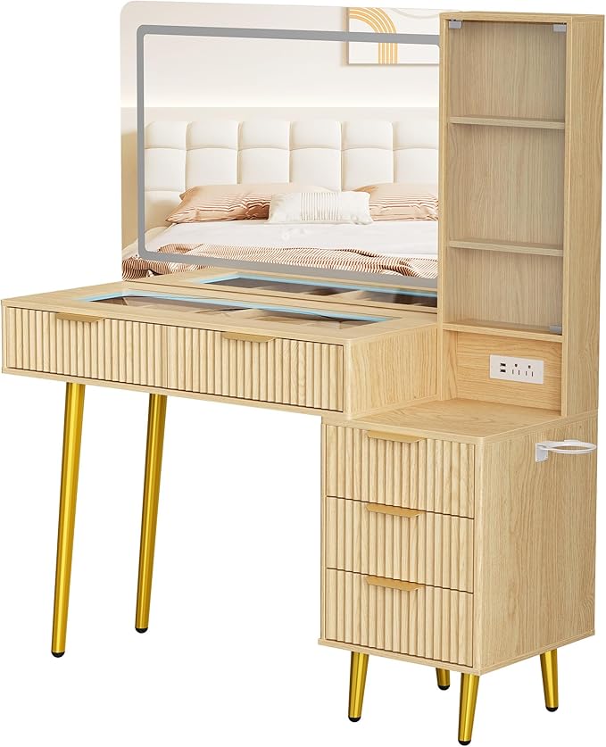 GarveeHome Fluted Makeup Vanity Desk with Lights, 48 in Big Vanity with Glass Top and Large 36" HD Lighted Mirror, Modern Dressing Table with 5 Drawers 3-Tier Shelves Set w/Charging Station (Oak)