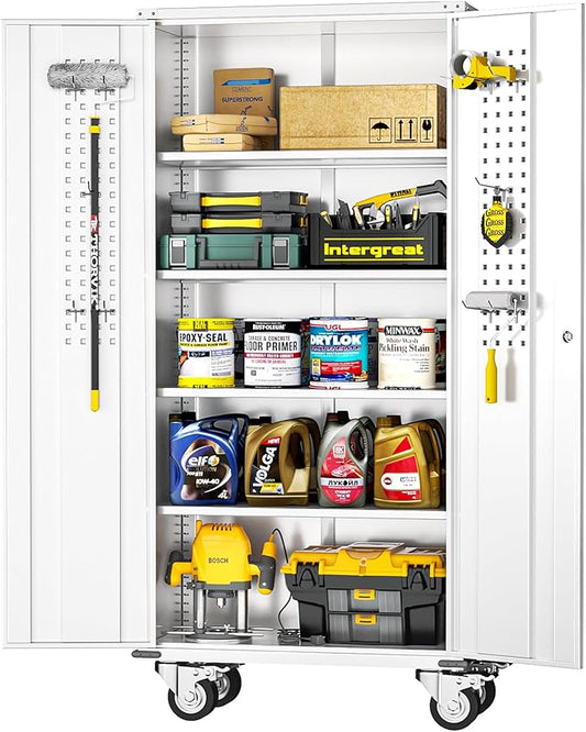 INTERGREAT Rolling Metal Cabinet with Wheels, 75" H Rolling Metal Cabinets with Pegboard, 18" D x 36" W Large Capacity Pulley Cabinet with Adjustable Shelves for Home Office, School, Garage(White)