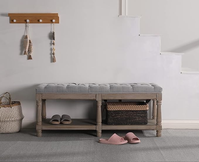 Kmax Storage Entryway Bench Tufted Shoe Rack Bench Wood Window Bench for Hallway Entrance Bedroom Corner, Gray