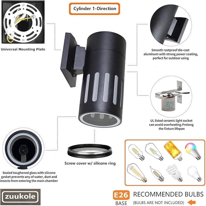 Outdoor Wall Sconce, Exterior Lighting Fixture - ETL Listed, Die-cast Aluminum Waterproof Wall Mount Cylinder Design - 1-Direction Up or Down Light Fixture for Porch, Backyard or Patio